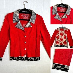 Vintage Eva & Claudi Cardigan Sweater Women's Small Red Floral Knit Button Up